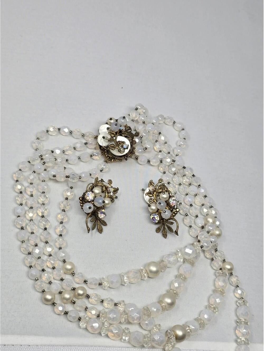 Vintage Floral Necklace & Clip-On Earrings Set MOP AB Beads